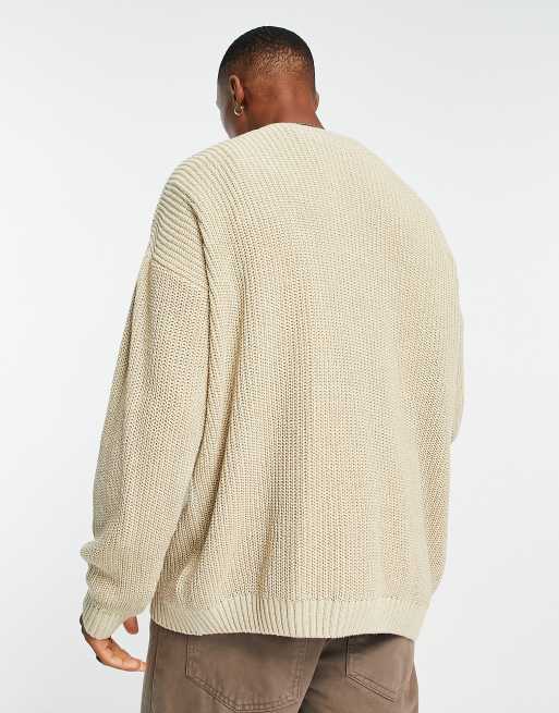 ASOS DESIGN knit oversized fisherman rib cardigan in oatmeal, 3 of 5