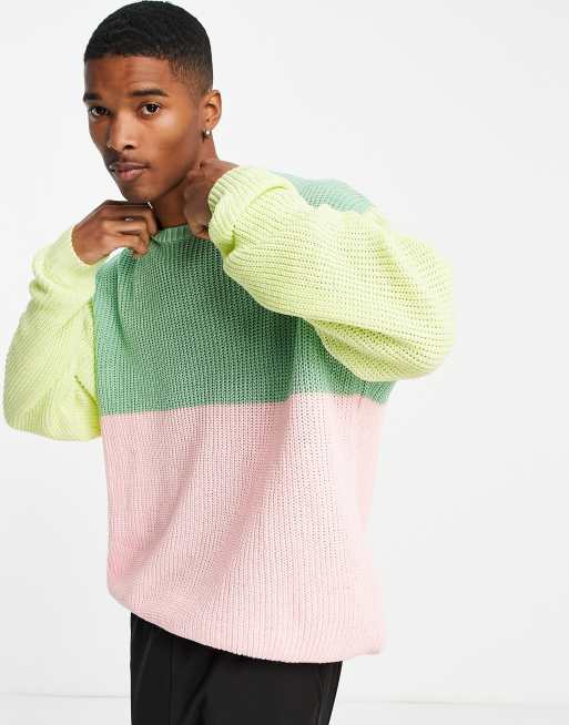 ASOS DESIGN knitted color block sweater in plush yarn