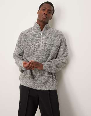 knit oversized fisherman ribbed quarter zip sweater in gray