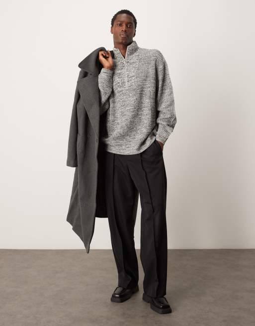 ASOS Design Knit Oversized Fisherman Ribbed Quarter Zip Sweater in Gray