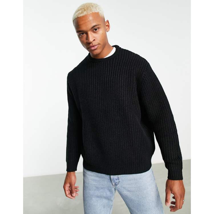 ASOS DESIGN knit oversized fisherman ribbed sweater in black