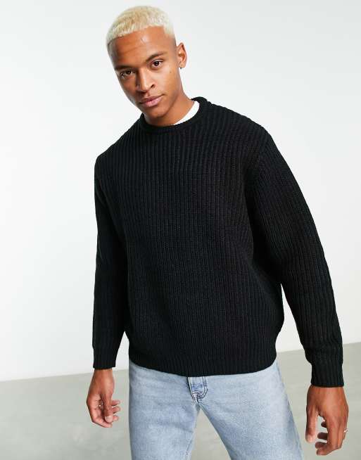 ASOS DESIGN knit oversized fisherman ribbed sweater in black | ASOS