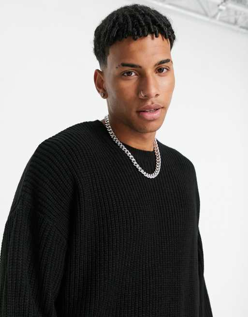 ASOS DESIGN knit oversized fisherman ribbed sweater in black