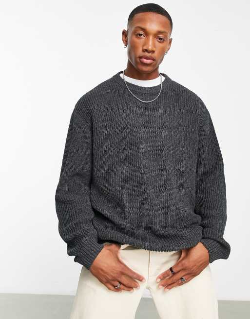 ASOS DESIGN knit oversized fisherman ribbed sweater in charcoal ASOS