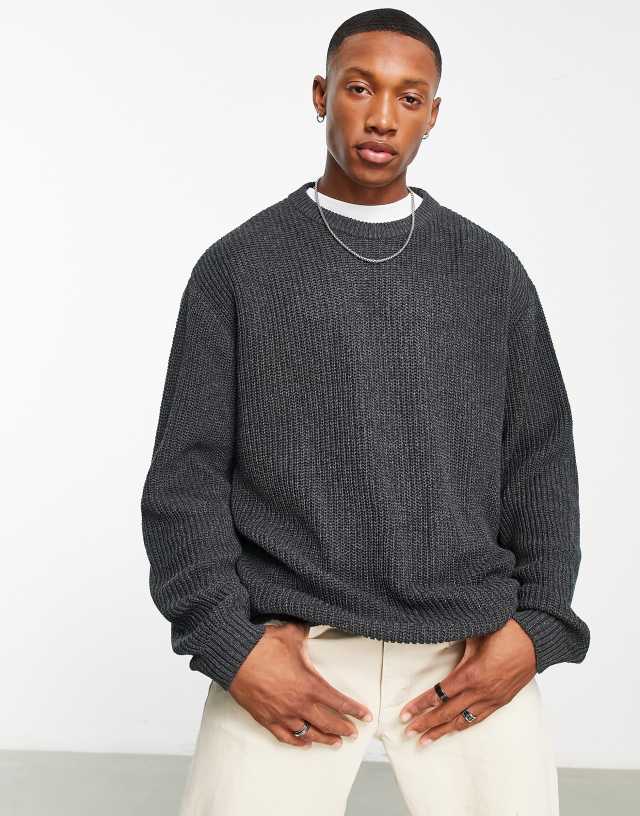 ASOS DESIGN knit oversized fisherman ribbed sweater in charcoal