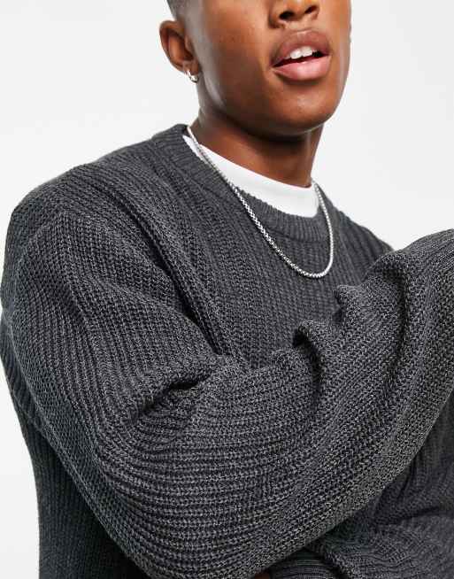 ASOS DESIGN knit oversized fisherman ribbed sweater in charcoal