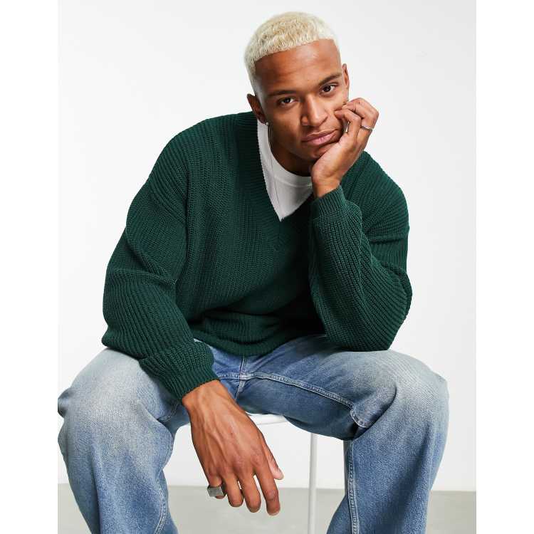 ASOS DESIGN knit oversized fisherman ribbed sweater in forest green