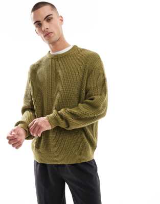 knit oversized fisherman ribbed sweater in khaki-Green