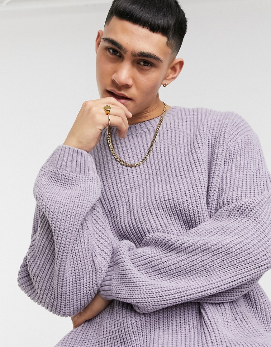 Asos Design Knit Oversized Fisherman Ribbed Sweater In Lilac-purple