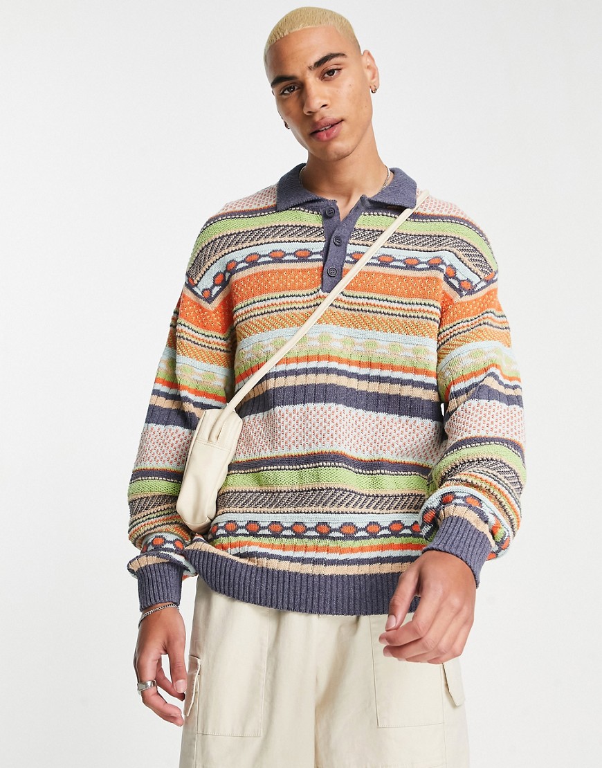 ASOS DESIGN knit oversized polo shirt with all over geo pattern-Multi