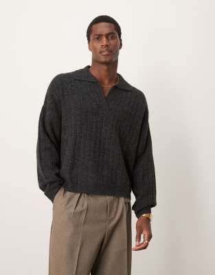 knit oversized rib notch sweater in charcoal heather-Gray