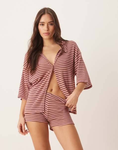 ASOS DESIGN knit oversized shirt in pink and brown stripes - part of a set - view 1
