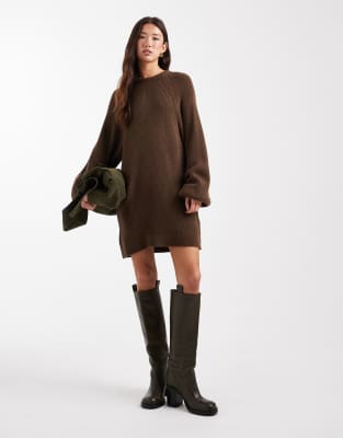 ASOS DESIGN knit oversized sweater dress with balloon sleeve in chocolate brown