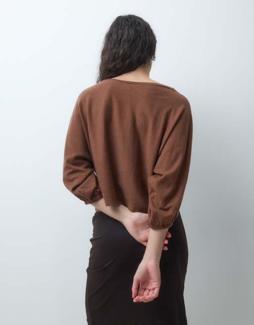 ASOS DESIGN knit oversized sweater with blouson sleeves in chocolate brown, 2 of 4