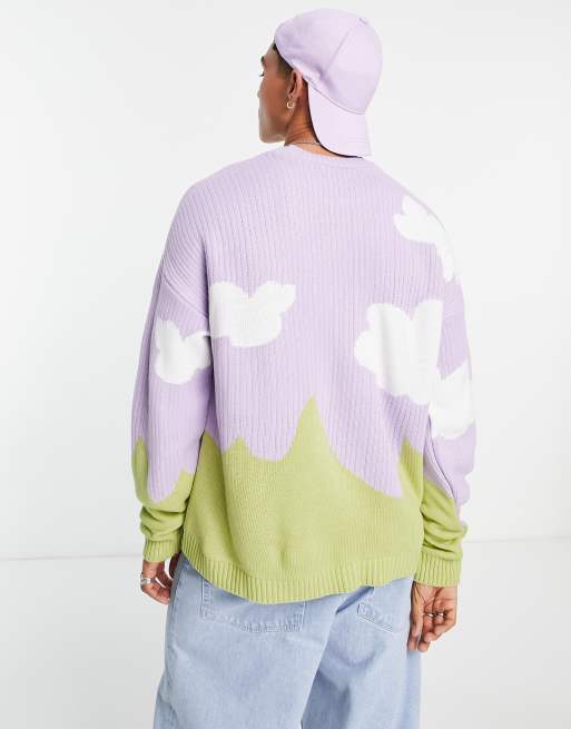 ASOS Knitted Oversized Jumper With Cloud Landscape Pattern in Blue