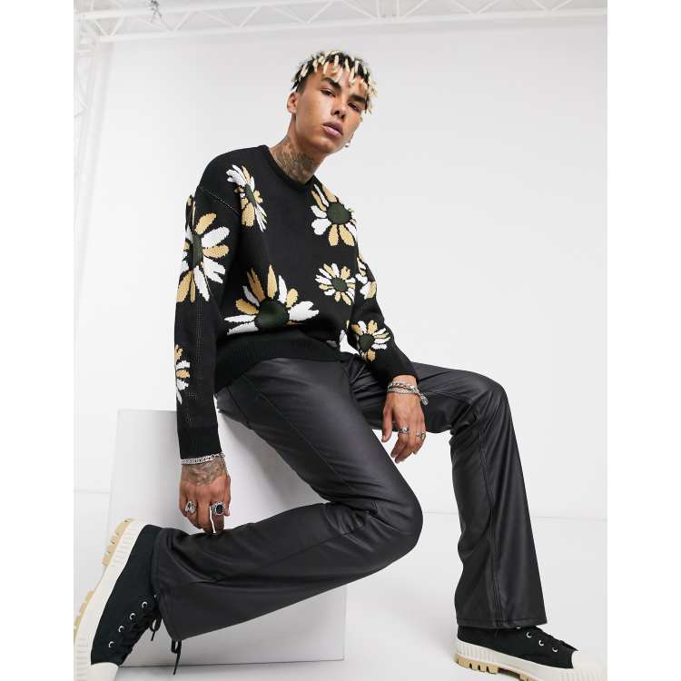 ASOS DESIGN knit oversized sweater with floral design in black