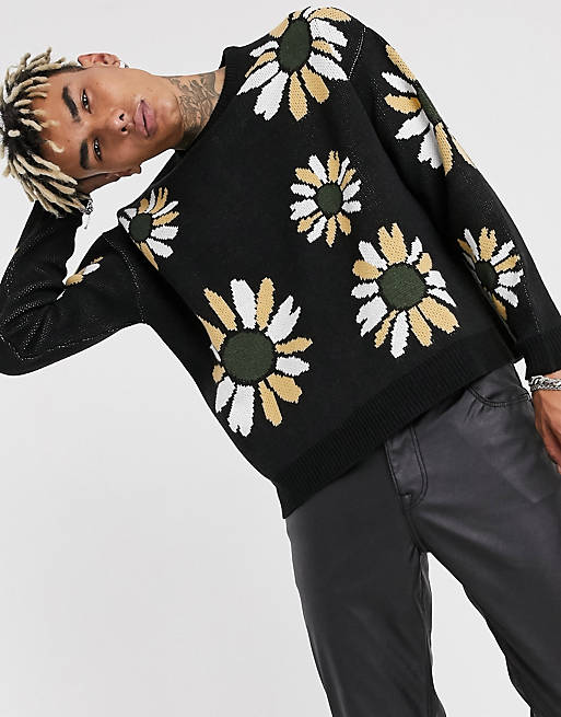 angst han dateret ASOS DESIGN knit oversized sweater with floral design in black | ASOS