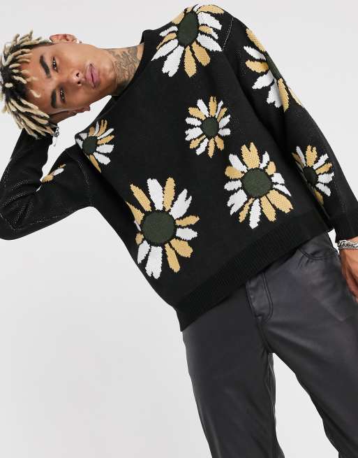 ASOS DESIGN knit oversized sweater with floral design in black