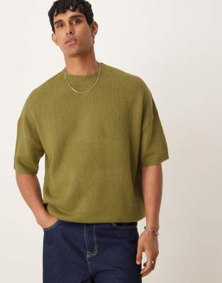 knit oversized t-shirt in khaki green