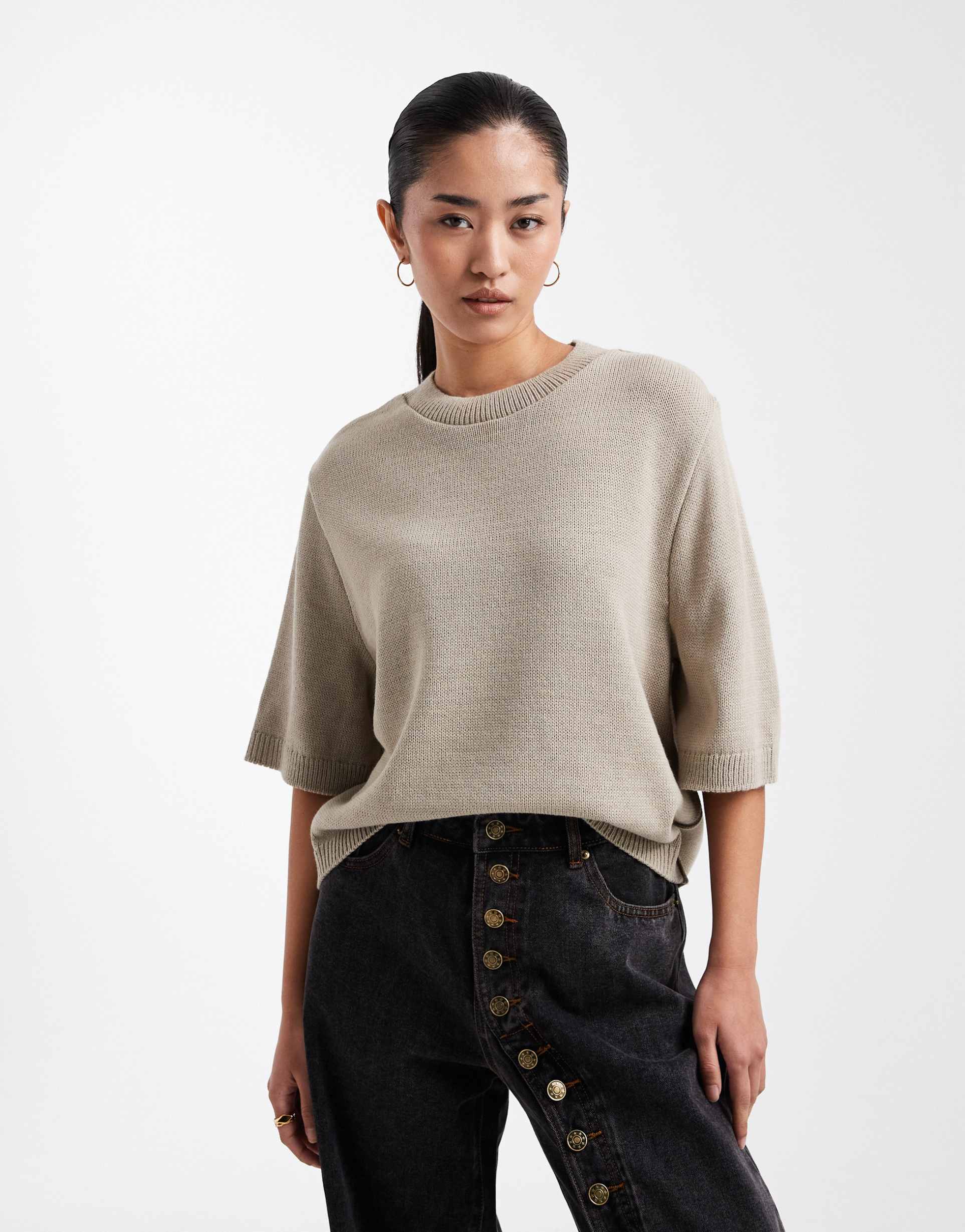 asos design knit oversized t-shirt in stone