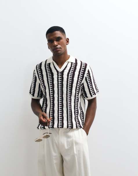 ASOS DESIGN knit oversized textured stripes notch neck polo shirt in ecru - view 1