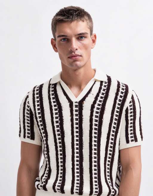 ASOS DESIGN knit oversized textured stripes notch neck polo shirt in ecru, 7 of 10