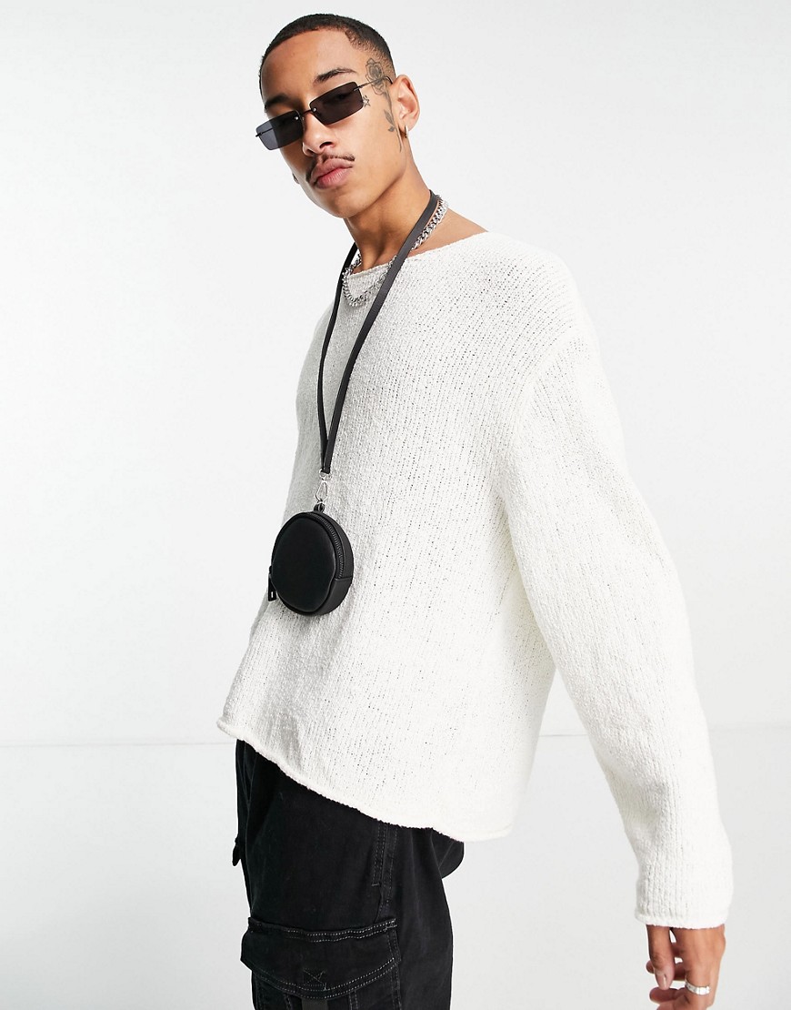 ASOS DESIGN knit oversized textured sweater in ecru-White