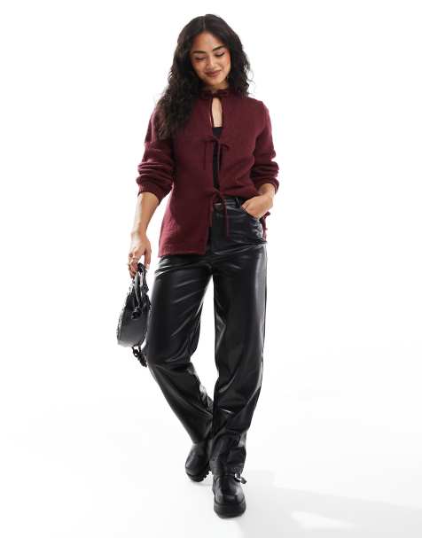 ASOS DESIGN knit oversized tie front cardigan in burgundy - view 1