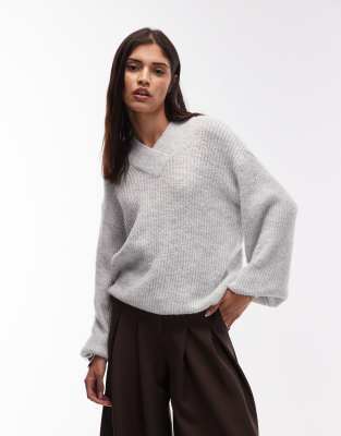 Asos Design Knit Oversized V Neck Sweater In Gray