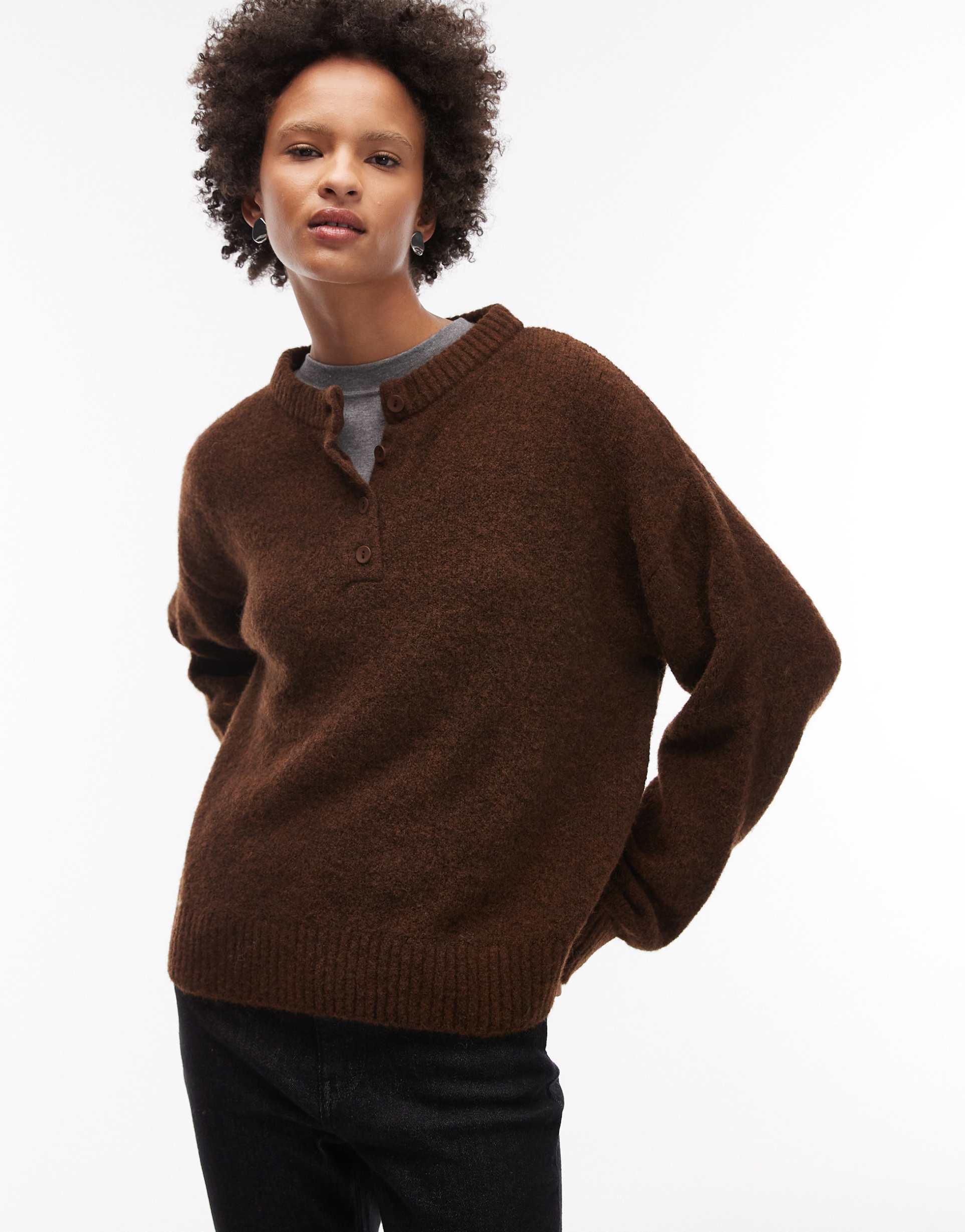 asos design knit oversized wool blend henley sweater in chocolate