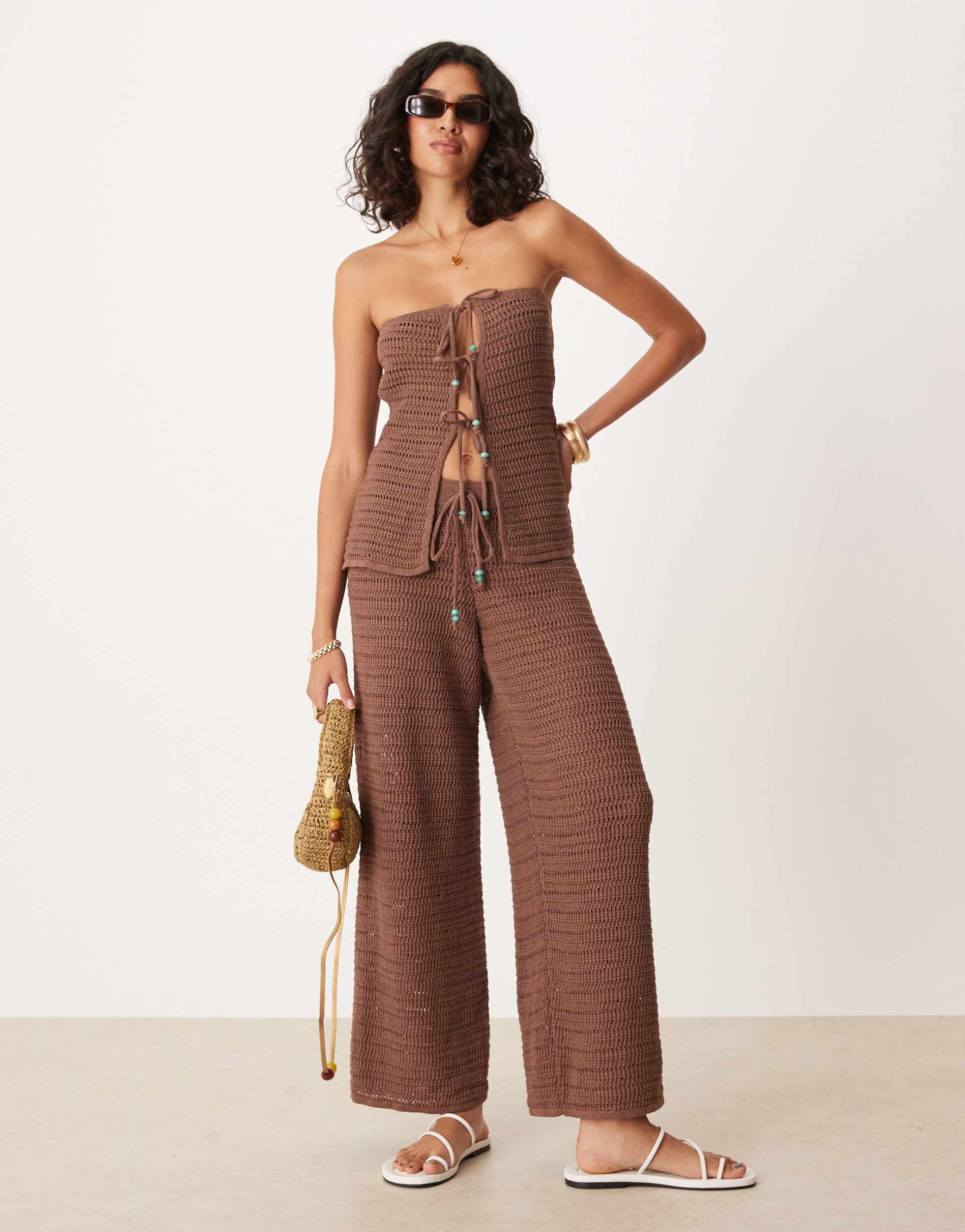 asos design knit pants with turquoise beads in brown - part of a set