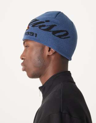 Asos Design Knit Paraiso Graphic Skull Beanie In Blue
