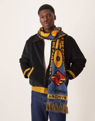 Asos Design Knit Paraiso Graphic Soccer Scarf-black In Blue