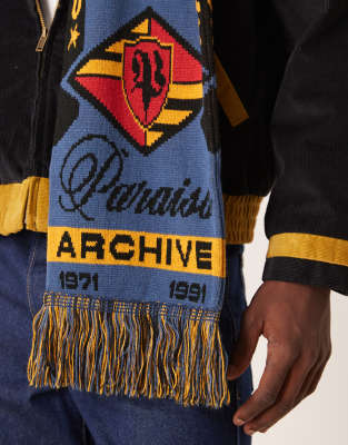 Asos Design Knit Paraiso Graphic Soccer Scarf-black In Blue