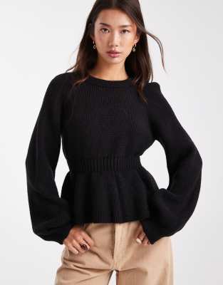 Asos Design Knit Peplum Sweater With Cinch Waist In Black
