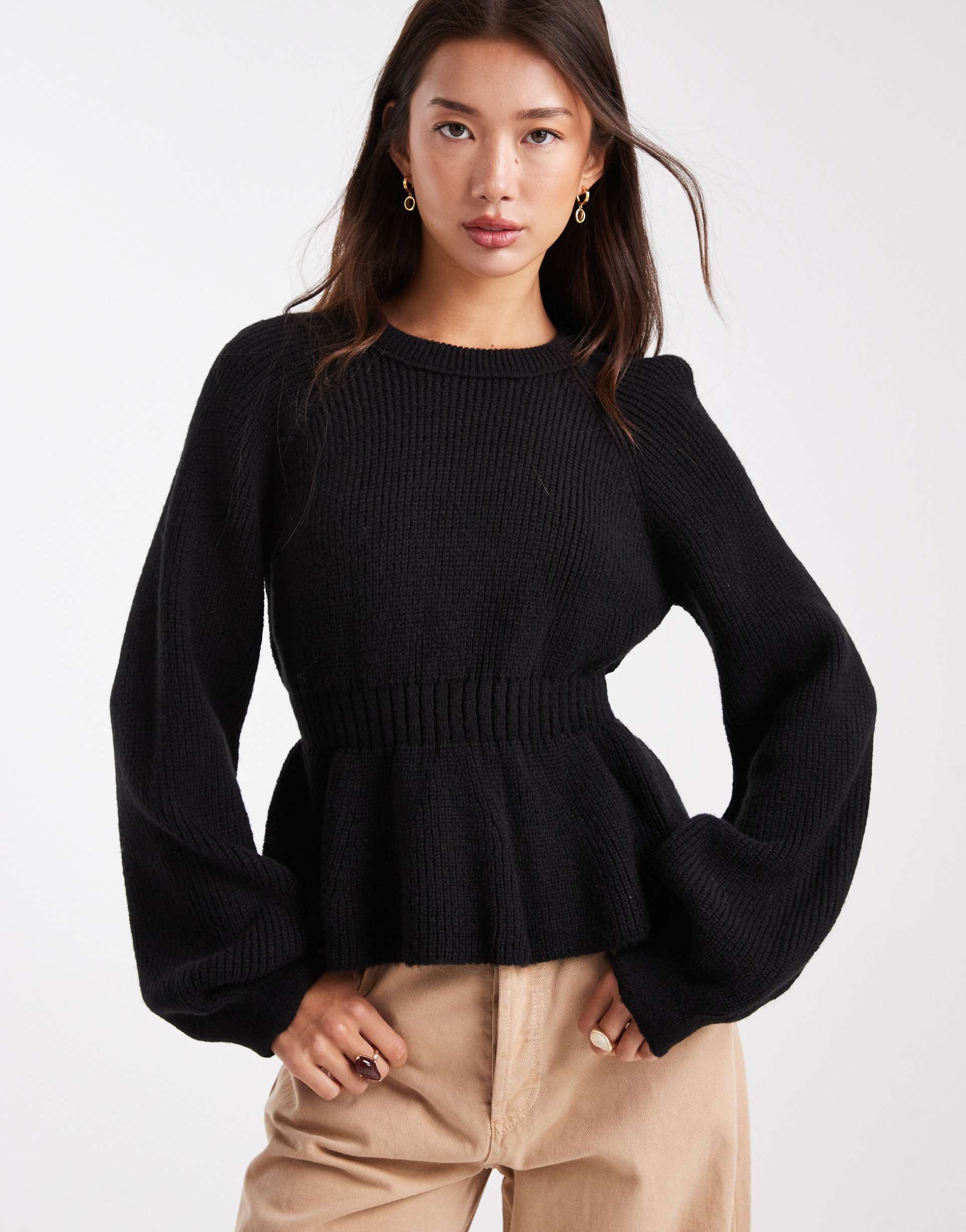 asos design knit peplum sweater with cinch waist in black