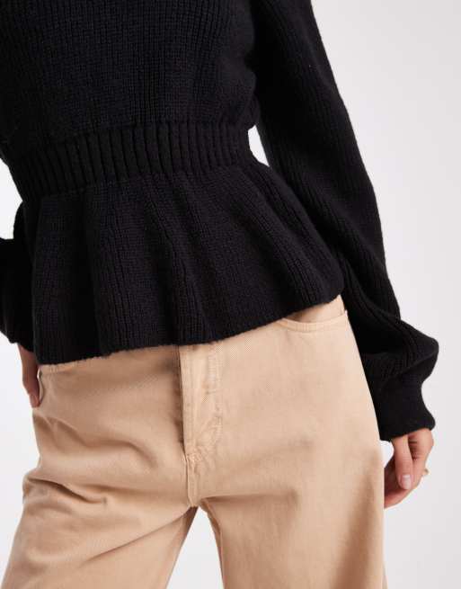 ASOS DESIGN knit peplum sweater with cinch waist in black | ASOS