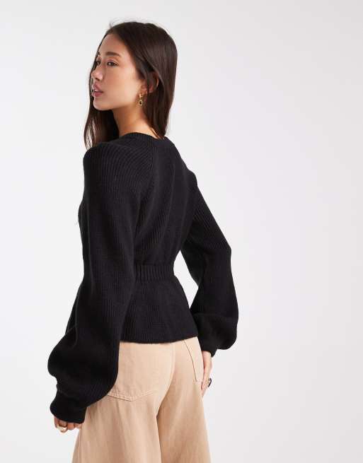 ASOS DESIGN knit peplum sweater with cinch waist in black | ASOS