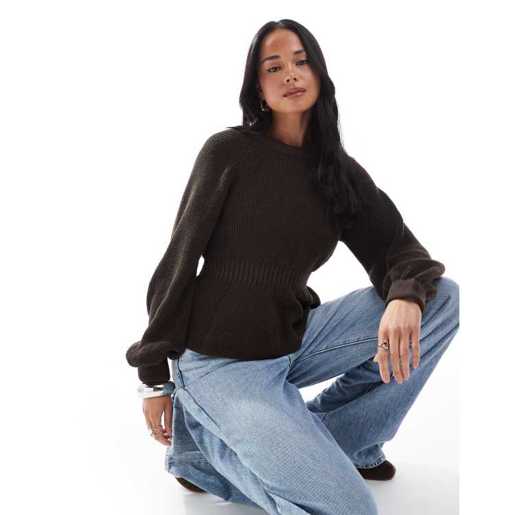 ASOS DESIGN knit peplum sweater with cinch waist in brown | ASOS