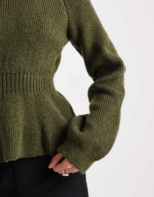 ASOS DESIGN knit peplum sweater with cinch waist in khaki | ASOS