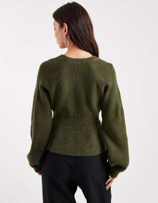 ASOS DESIGN knit peplum sweater with cinch waist in khaki | ASOS