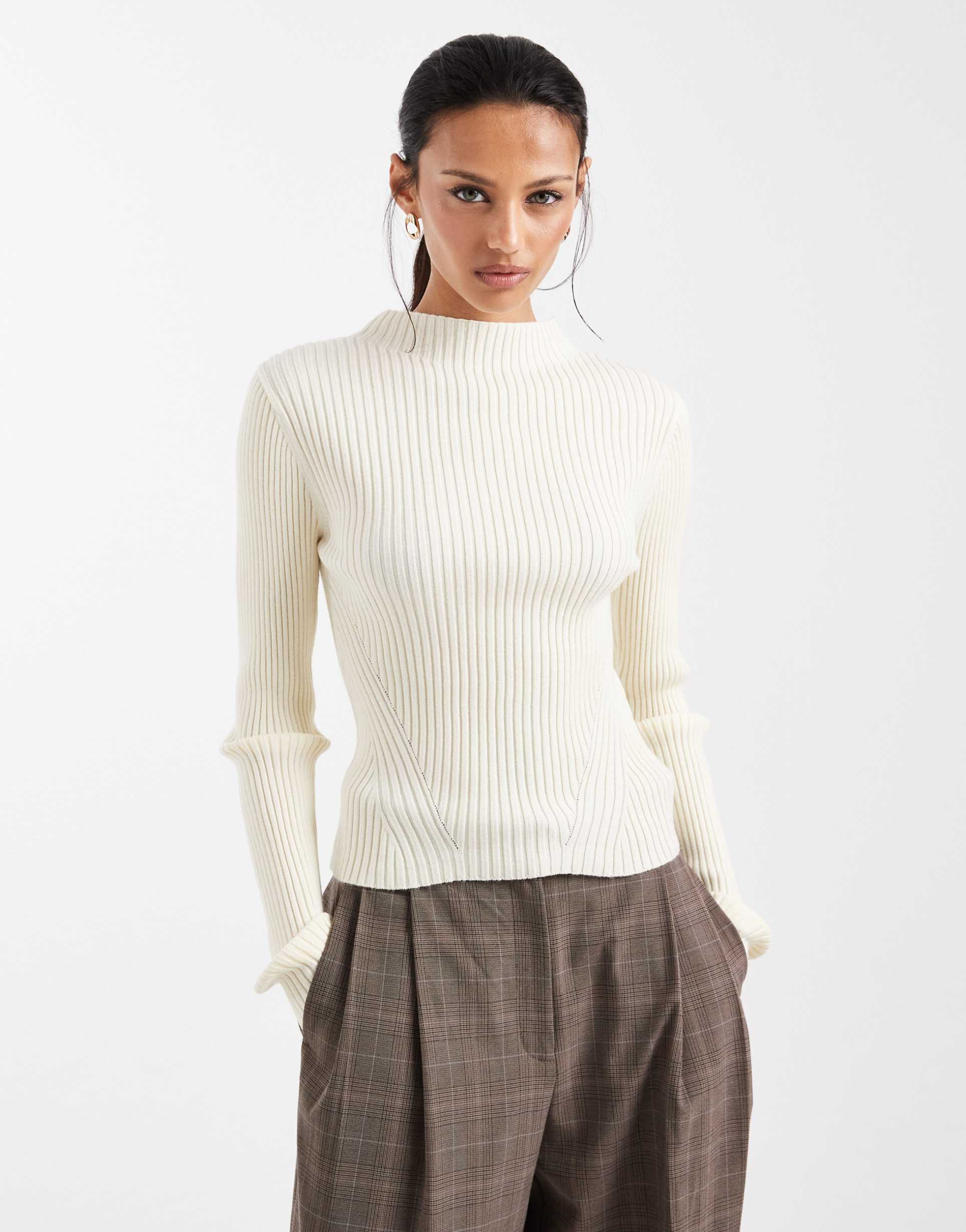 asos design knit placement ribbed high neck top in cream