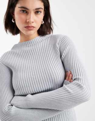 Asos Design Knit Placement Ribbed High Neck Top In Gray