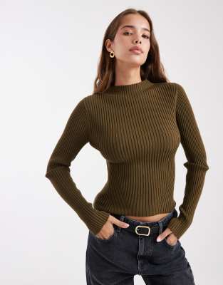 Asos Design Knit Placement Ribbed High Neck Top In Green