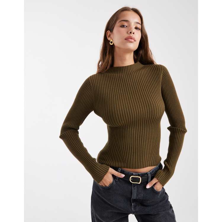 ASOS DESIGN knit placement ribbed high neck top in olive | ASOS