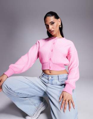 ASOS DESIGN knit plated cardigan with ribbed hem detail in pink