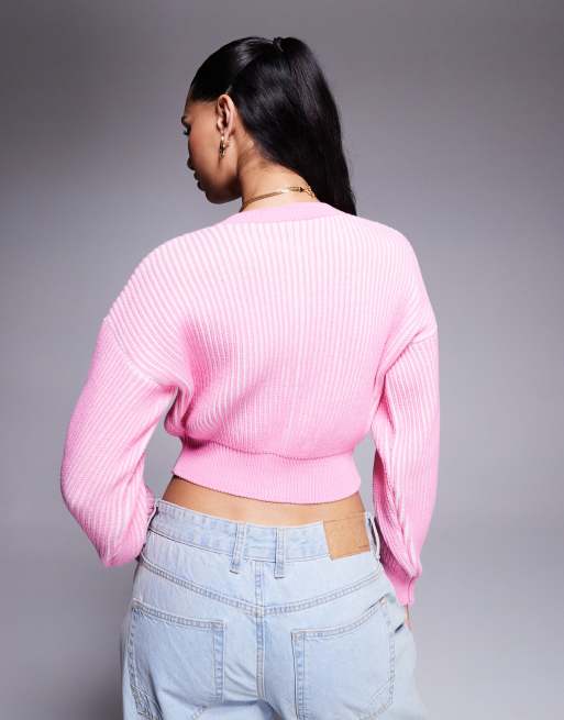 ASOS DESIGN knit plated cardigan with ribbed hem detail in pink