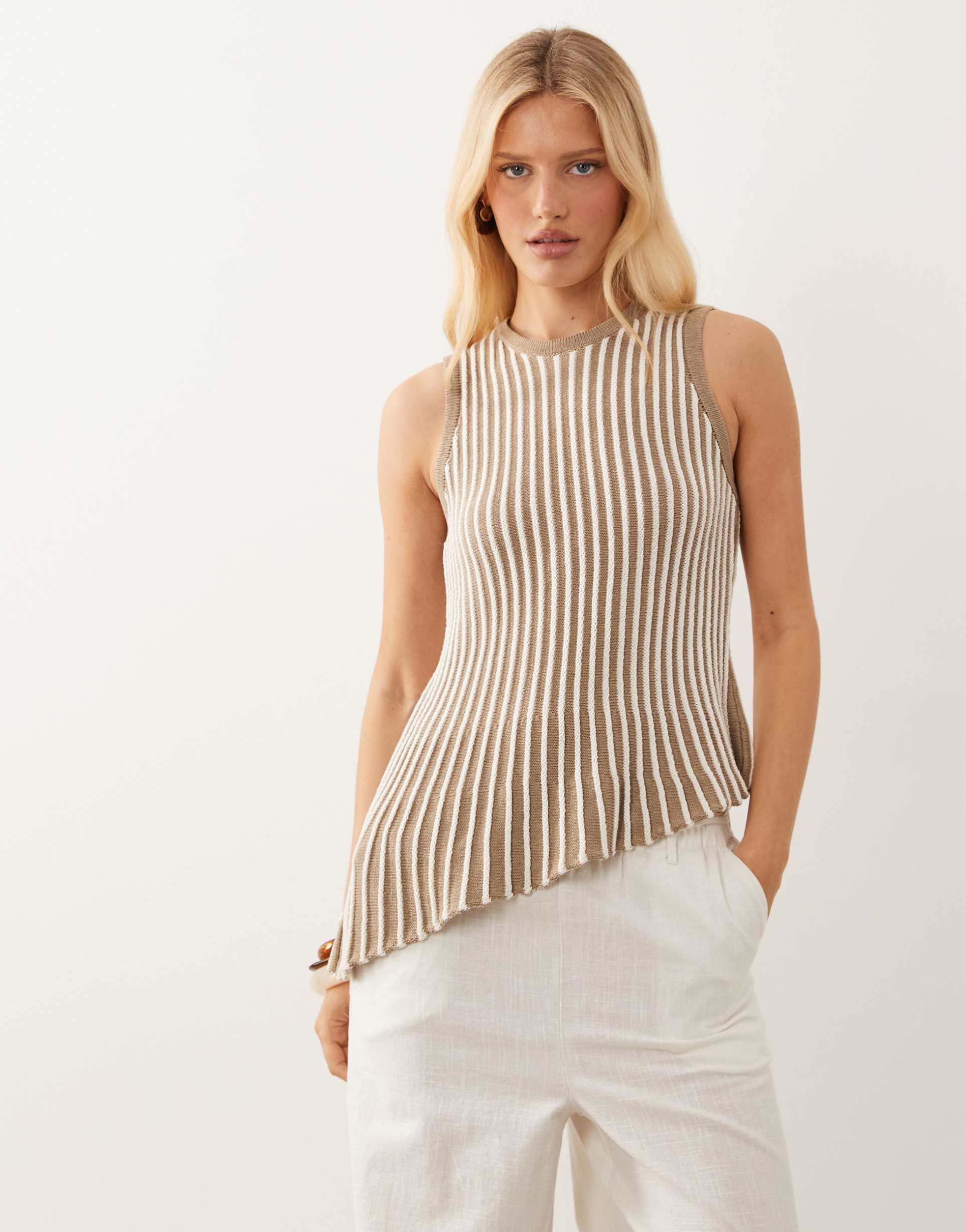 asos design knit pleated asymmetric top in mocha striped print