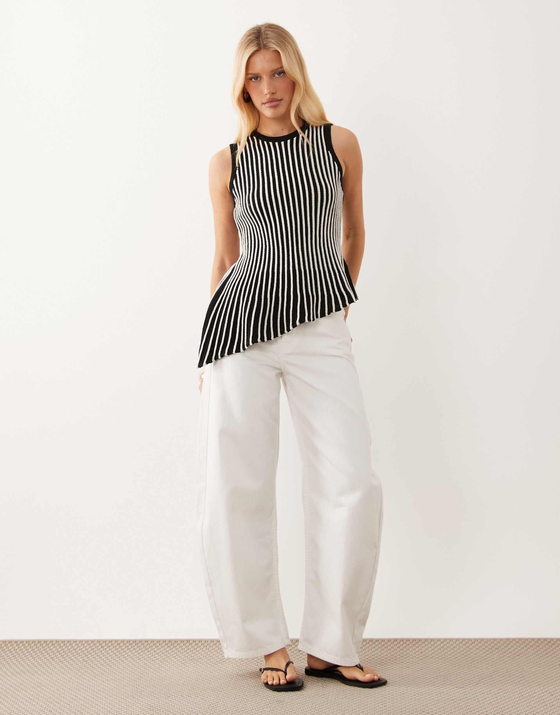 asos design knit pleated asymmetric top in mono striped print
