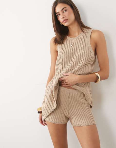 ASOS DESIGN knit pleated shorts in stone - part of a set - view 1